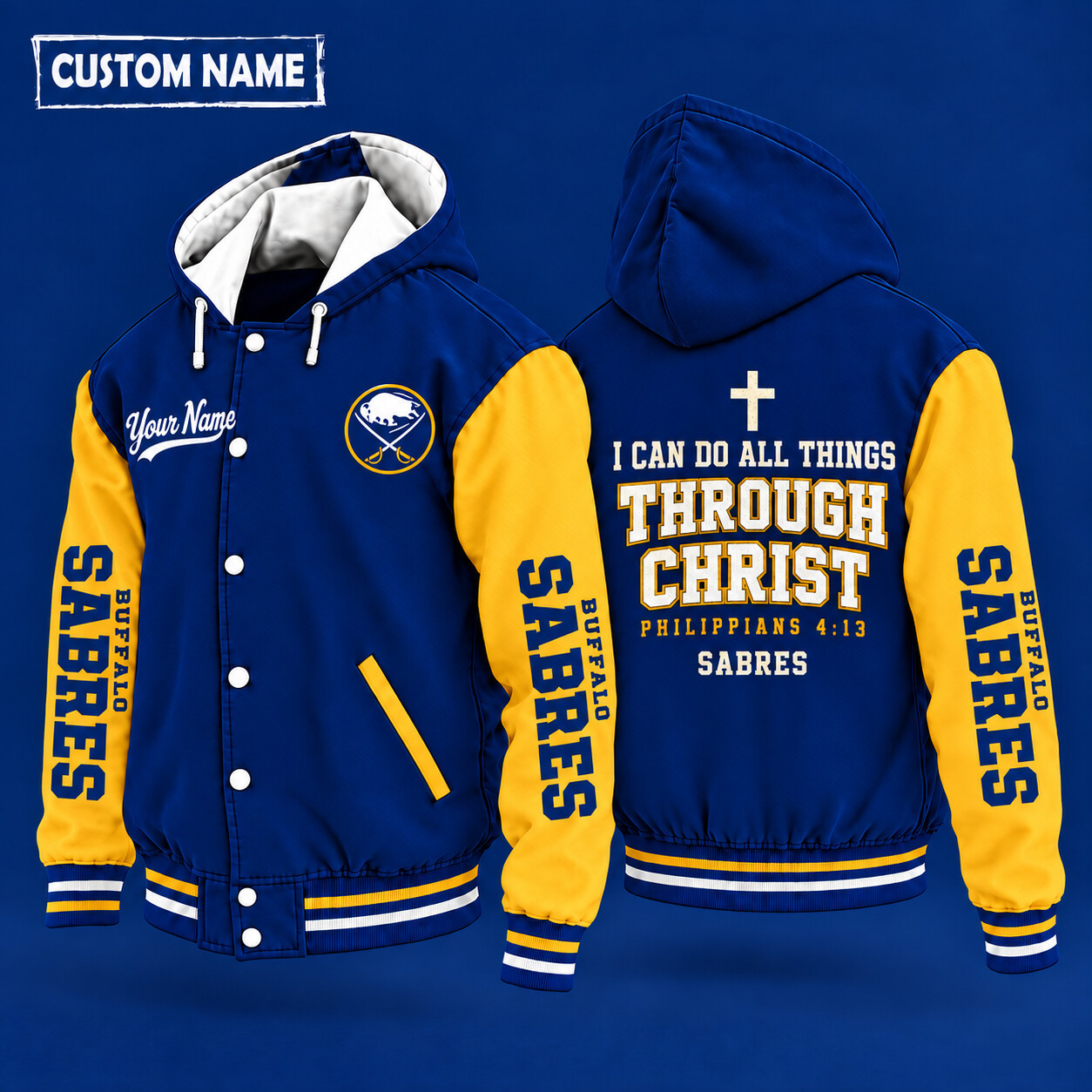 Buffalo Sabres I Can Do All Things Through Christ Hooded Letterman Jacket Custom Name PLFKZ7