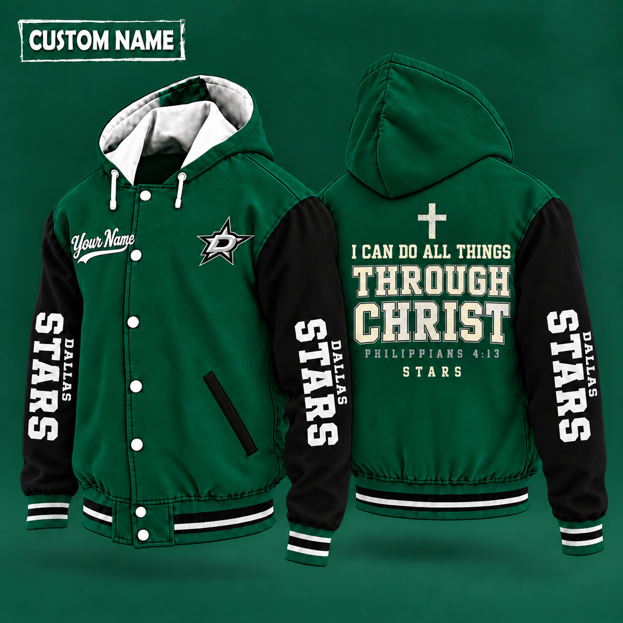 Dallas Stars I Can Do All Things Through Christ Hooded Letterman Jacket Custom Name PFR6A3