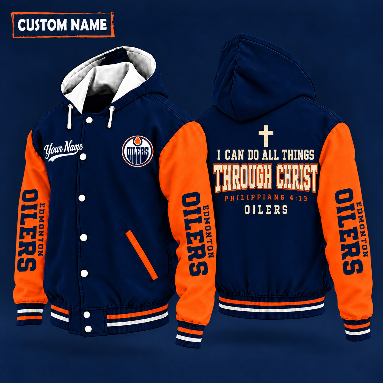 Edmonton Oilers I Can Do All Things Through Christ Hooded Letterman Jacket Custom Name P3WBX7