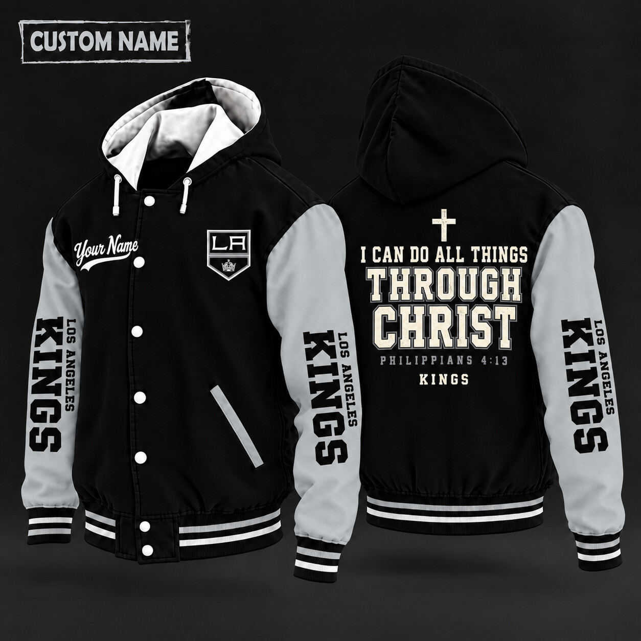 Los Angeles Kings I Can Do All Things Through Christ Hooded Letterman Jacket Custom Name PRPL2J