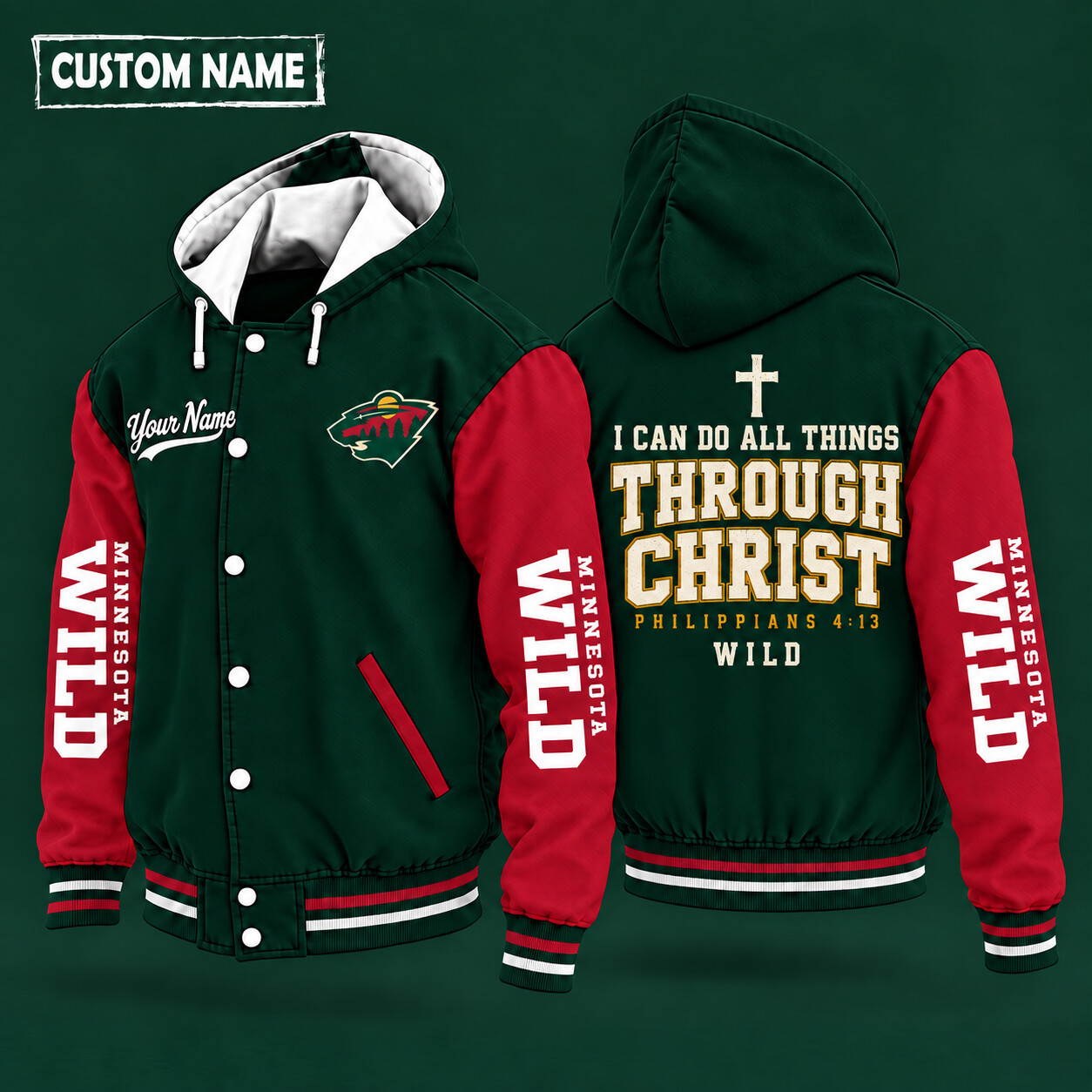 Minnesota Wild I Can Do All Things Through Christ Hooded Letterman Jacket Custom Name PXIVW0