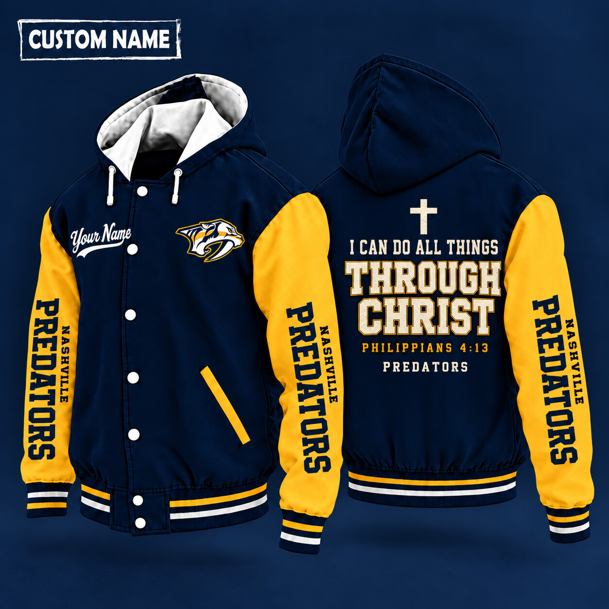 Nashville Predators I Can Do All Things Through Christ Hooded Letterman Jacket Custom Name PNNVD7