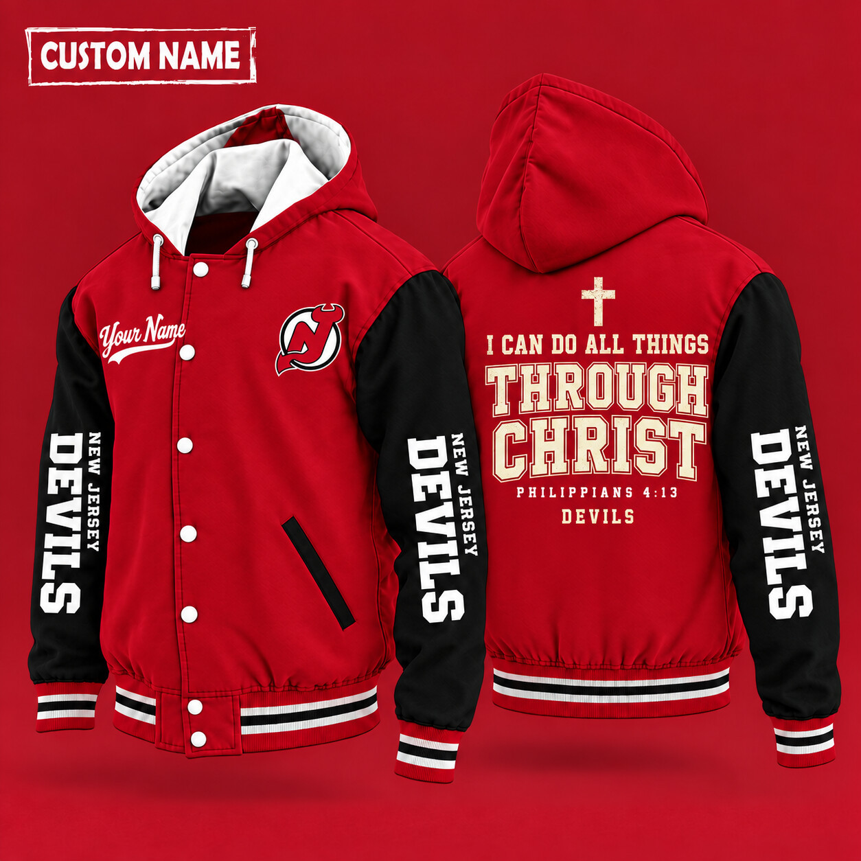 New Jersey Devils I Can Do All Things Through Christ Hooded Letterman Jacket Custom Name PBDOQJ