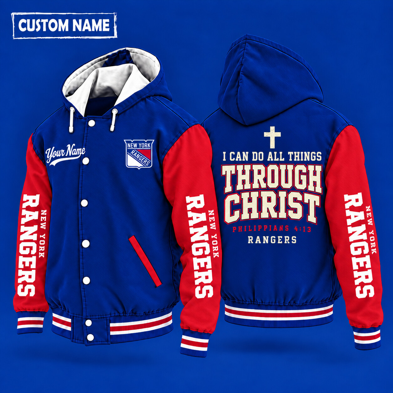 New York Rangers I Can Do All Things Through Christ Hooded Letterman Jacket Custom Name PAM8U0