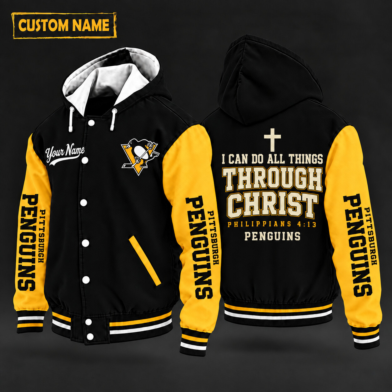Pittsburgh Penguins I Can Do All Things Through Christ Hooded Letterman Jacket Custom Name PM0KJL