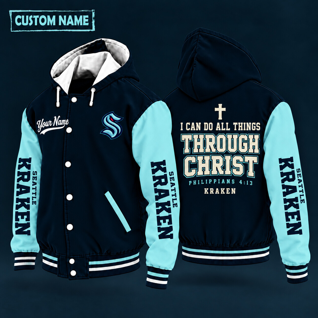 Seattle Kraken I Can Do All Things Through Christ Hooded Letterman Jacket Custom Name P5ZGMK