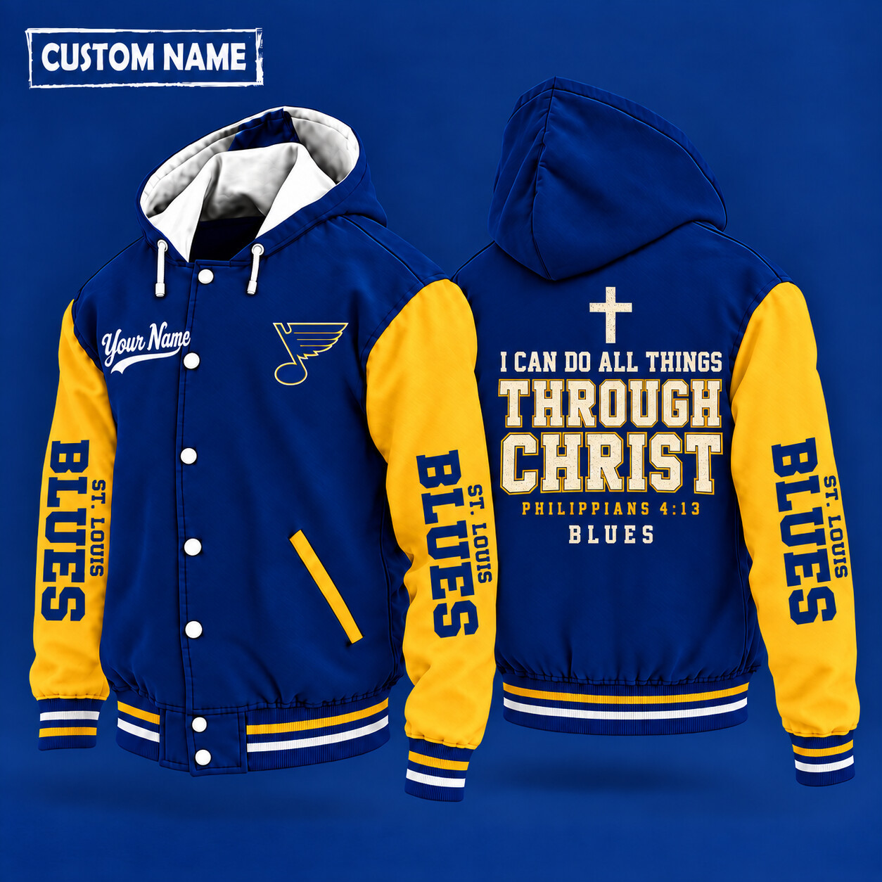 St. Louis Blues I Can Do All Things Through Christ Hooded Letterman Jacket Custom Name PP4ZRS