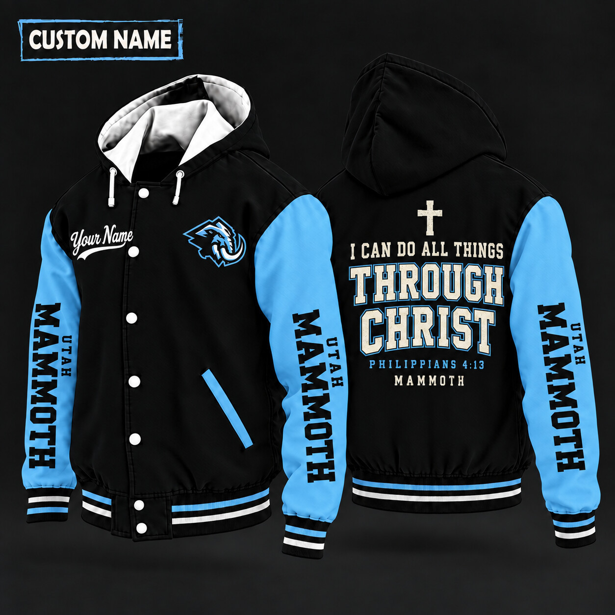 Utah Mammoth I Can Do All Things Through Christ Hooded Letterman Jacket Custom Name P1J7S0