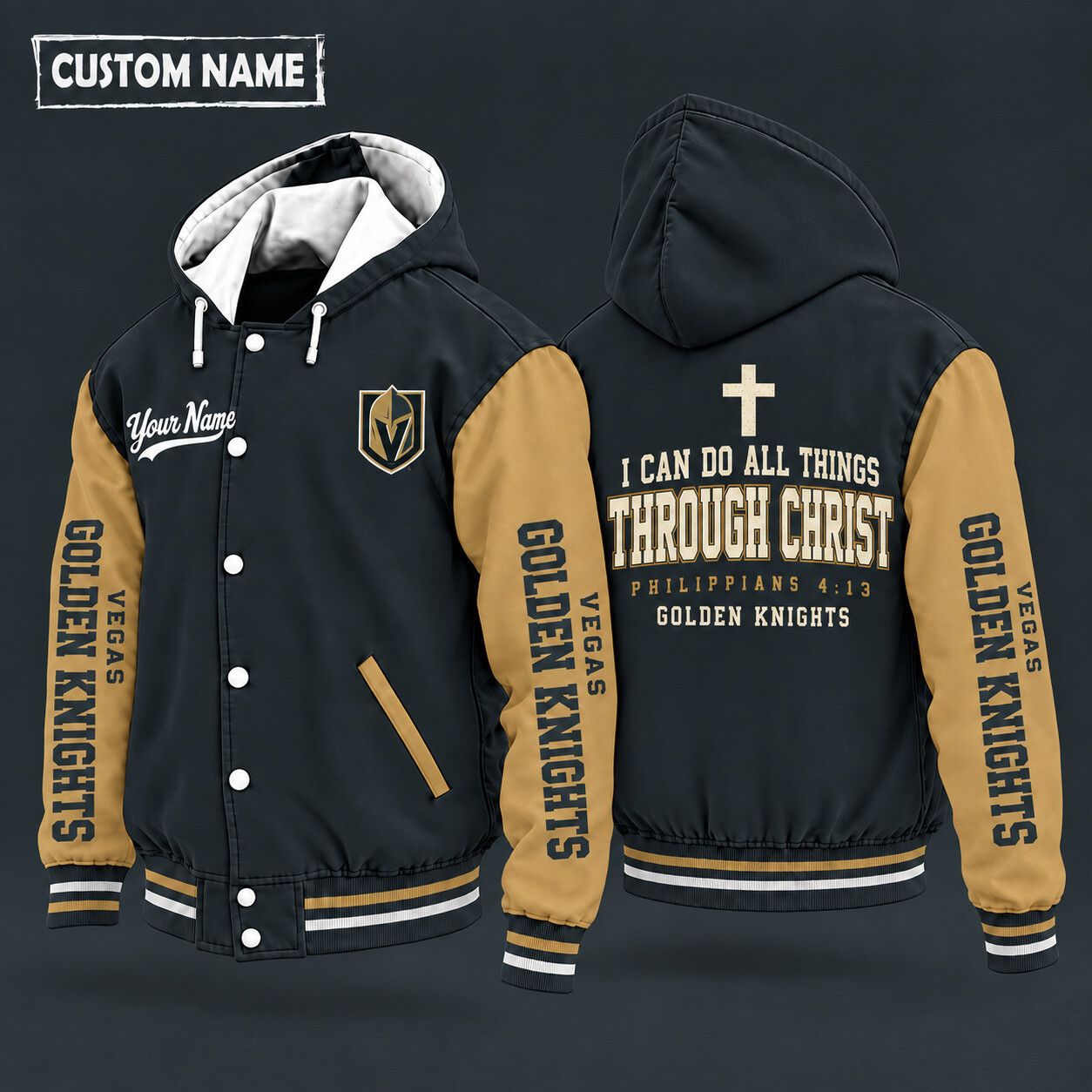 Vegas Golden Knights I Can Do All Things Through Christ Hooded Letterman Jacket Custom Name P5LKUS