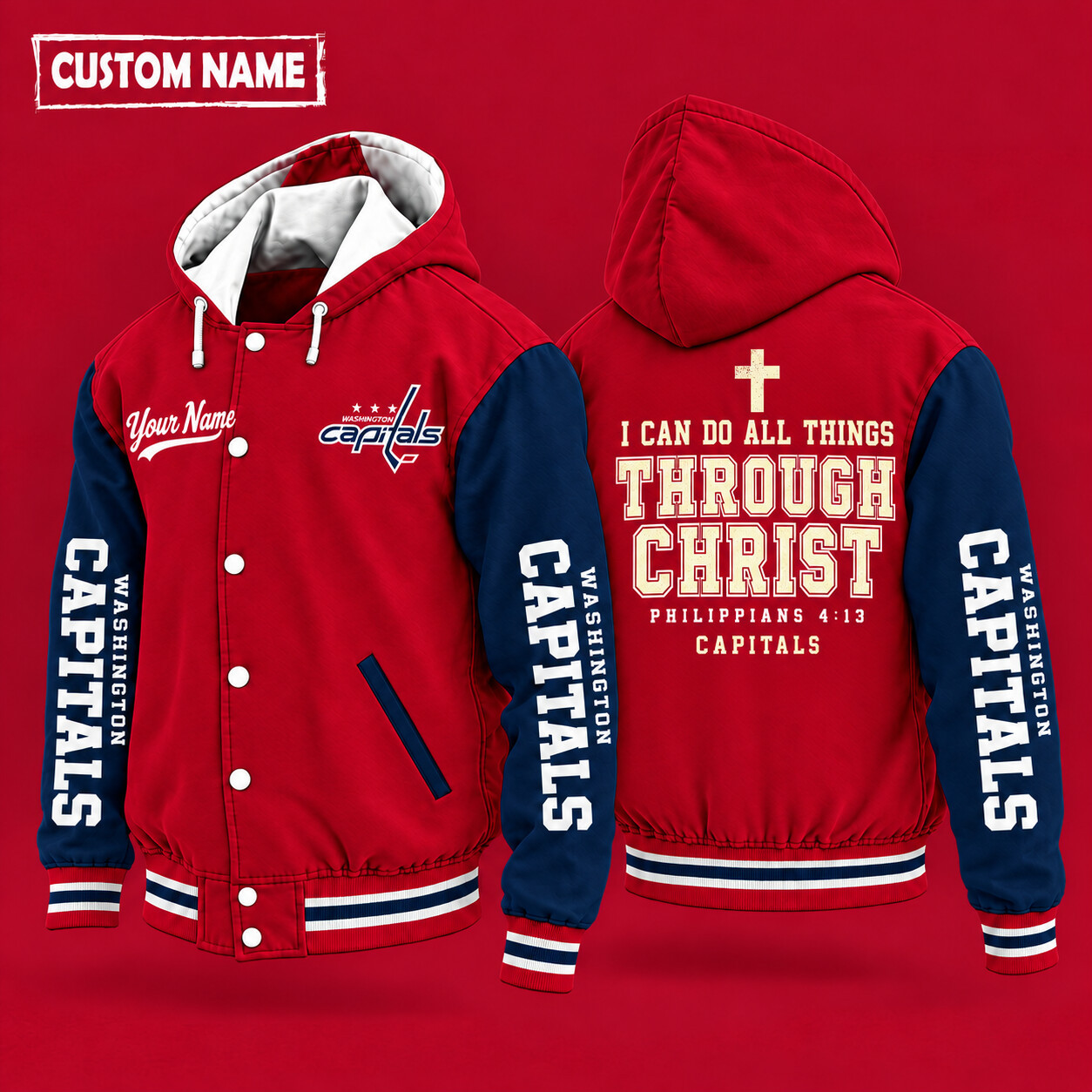 Washington Capitals I Can Do All Things Through Christ Hooded Letterman Jacket Custom Name PDLU2J
