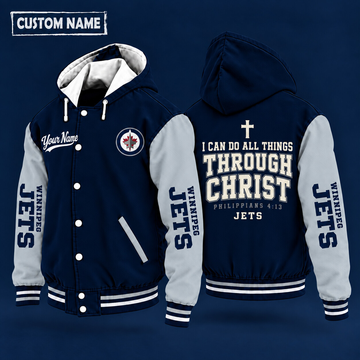 Winnipeg Jets I Can Do All Things Through Christ Hooded Letterman Jacket Custom Name PHSR5E