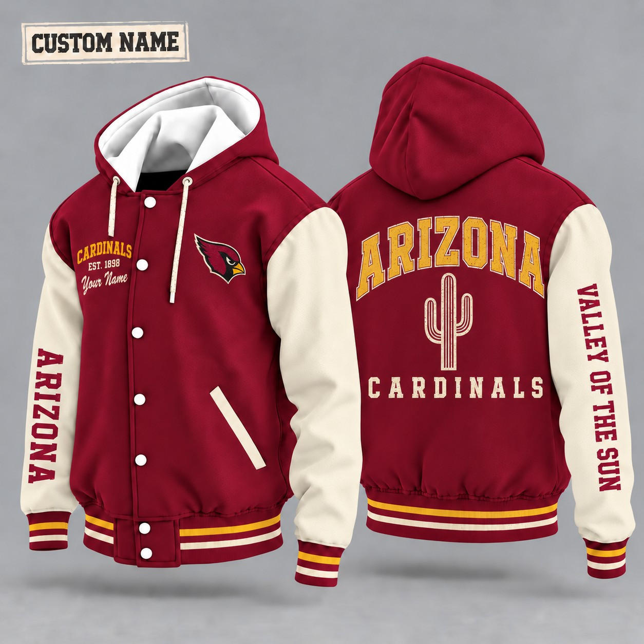 Arizona Cardinals City Heritage Throwback Hooded Letterman Jacket Custom Name PWPRSZ