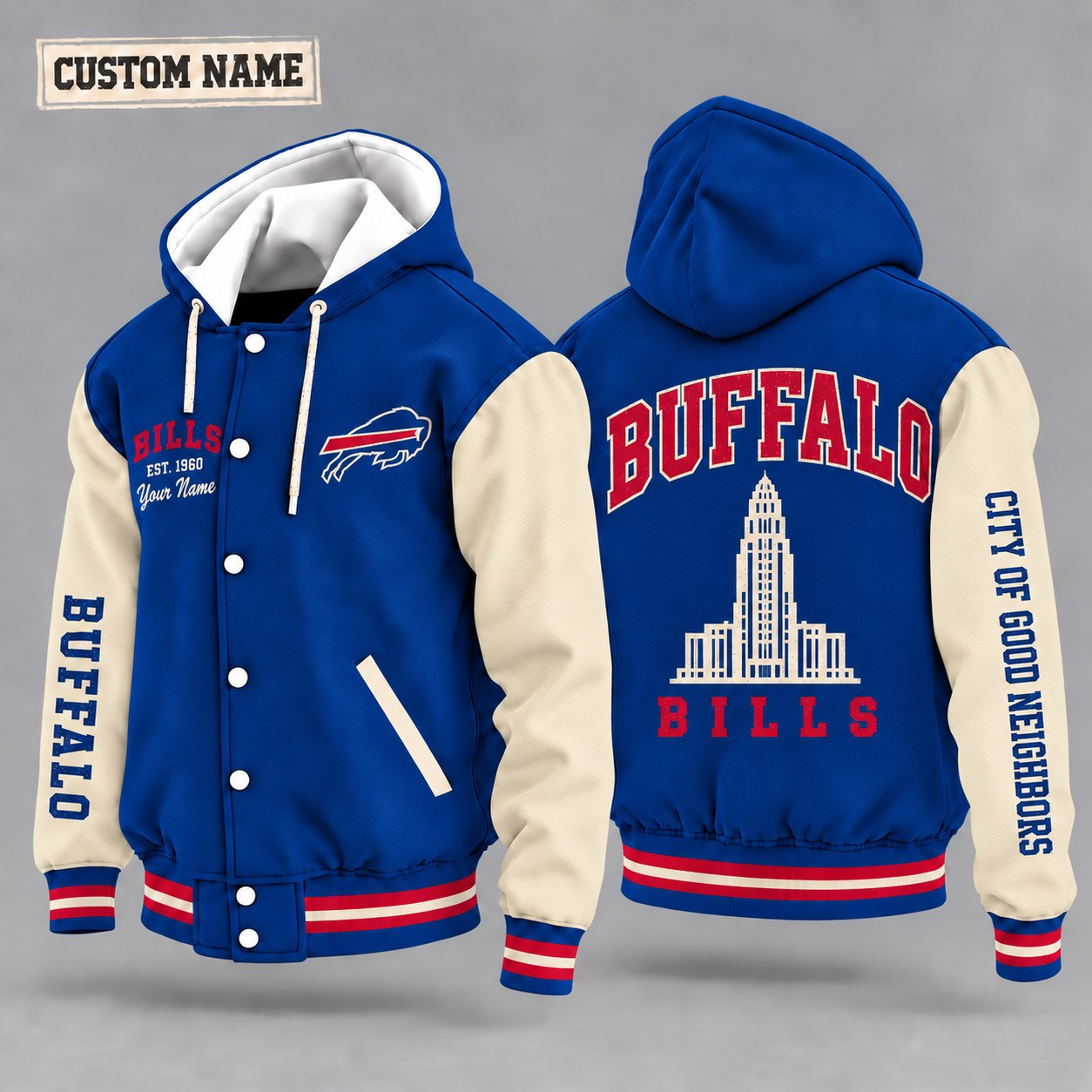 Buffalo Bills City Heritage Throwback Hooded Letterman Jacket Custom Name PDRAYV