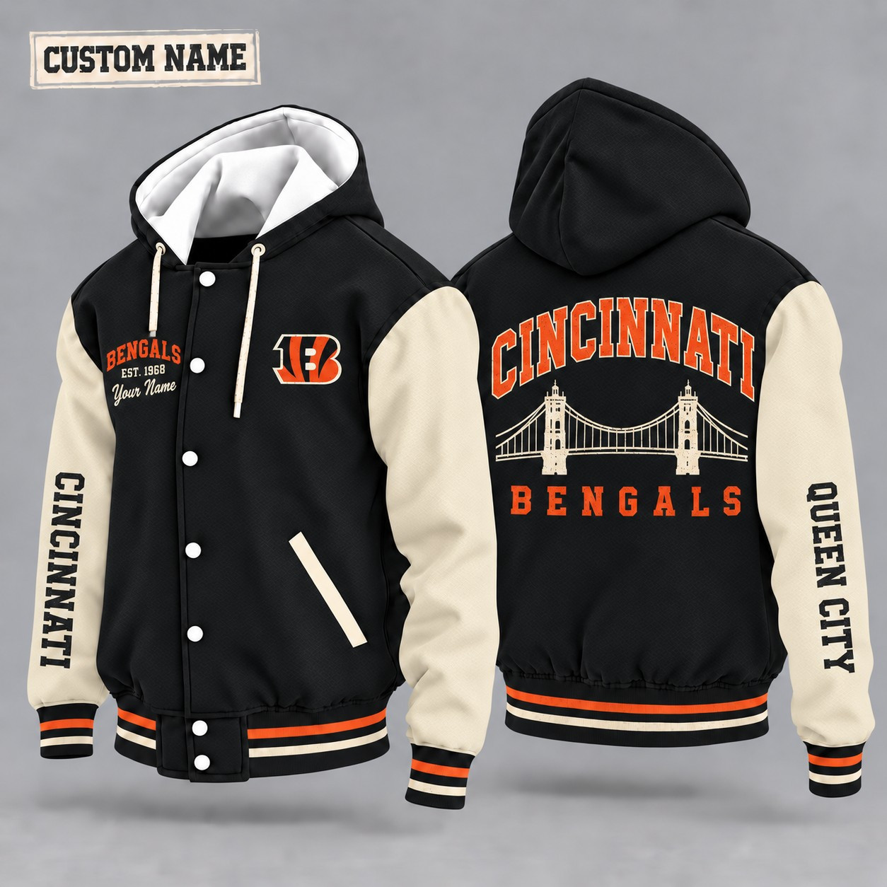 Cincinnati Bengals City Heritage Throwback Hooded Letterman Jacket Custom Name PPGYZH