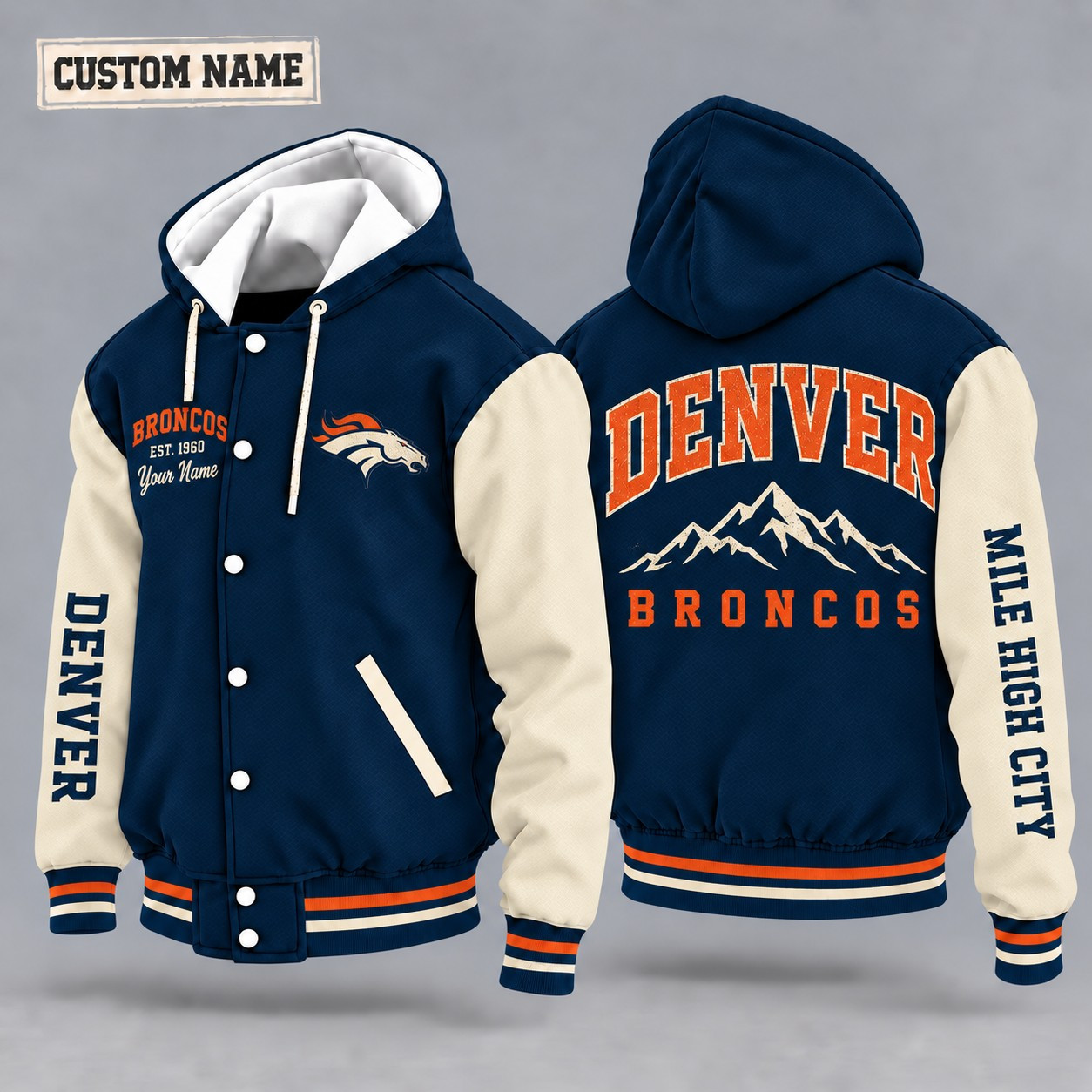 Denver Broncos City Heritage Throwback Hooded Letterman Jacket Custom Name PL0U5E