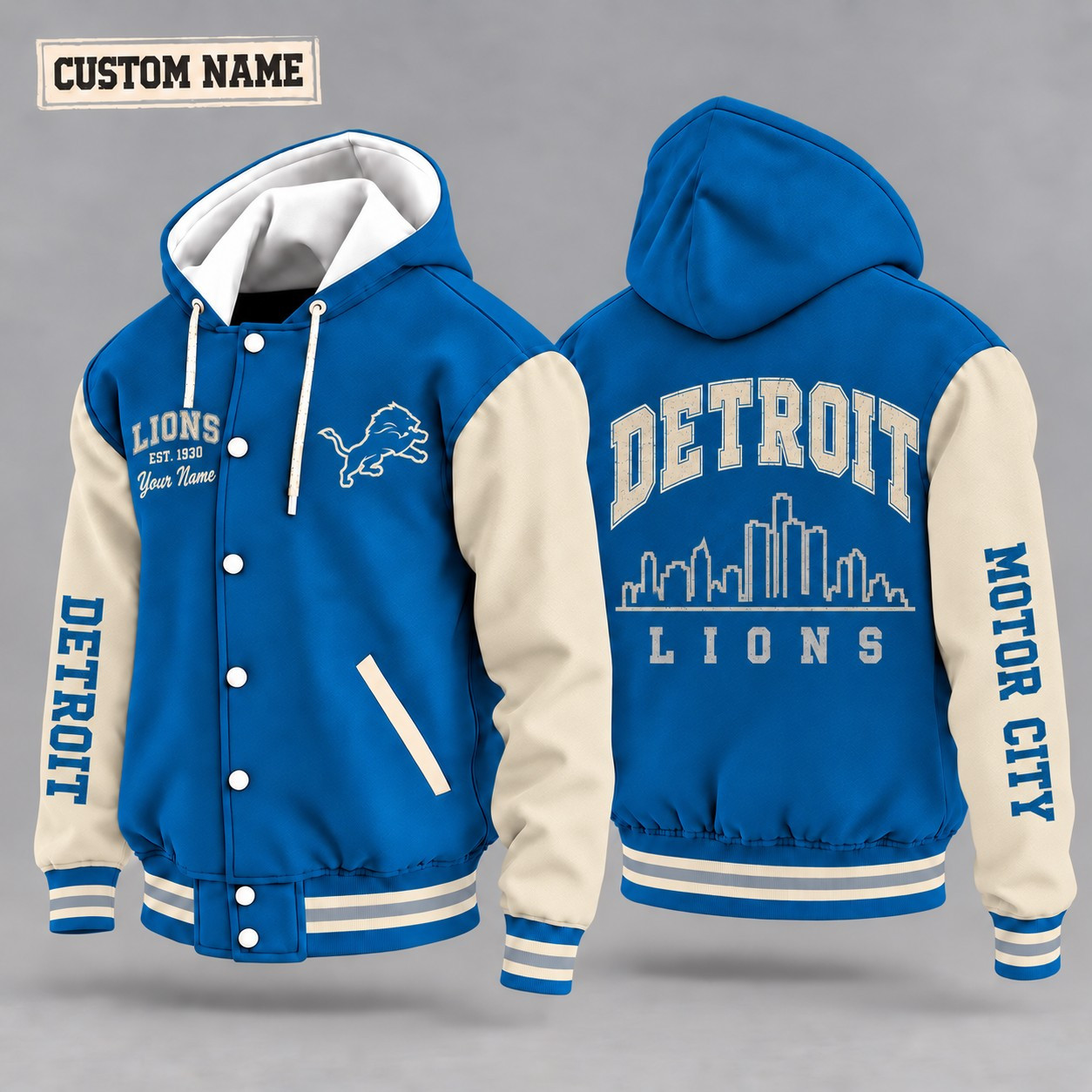 Detroit Lions City Heritage Throwback Hooded Letterman Jacket Custom Name PK0PSA