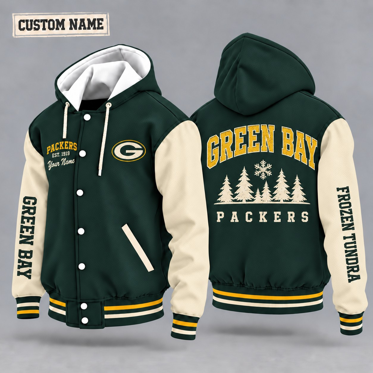 Green Bay Packers City Heritage Throwback Hooded Letterman Jacket Custom Name PBRTD6