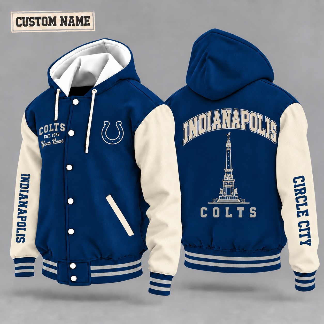 Indianapolis Colts City Heritage Throwback Hooded Letterman Jacket Custom Name PO2I9N