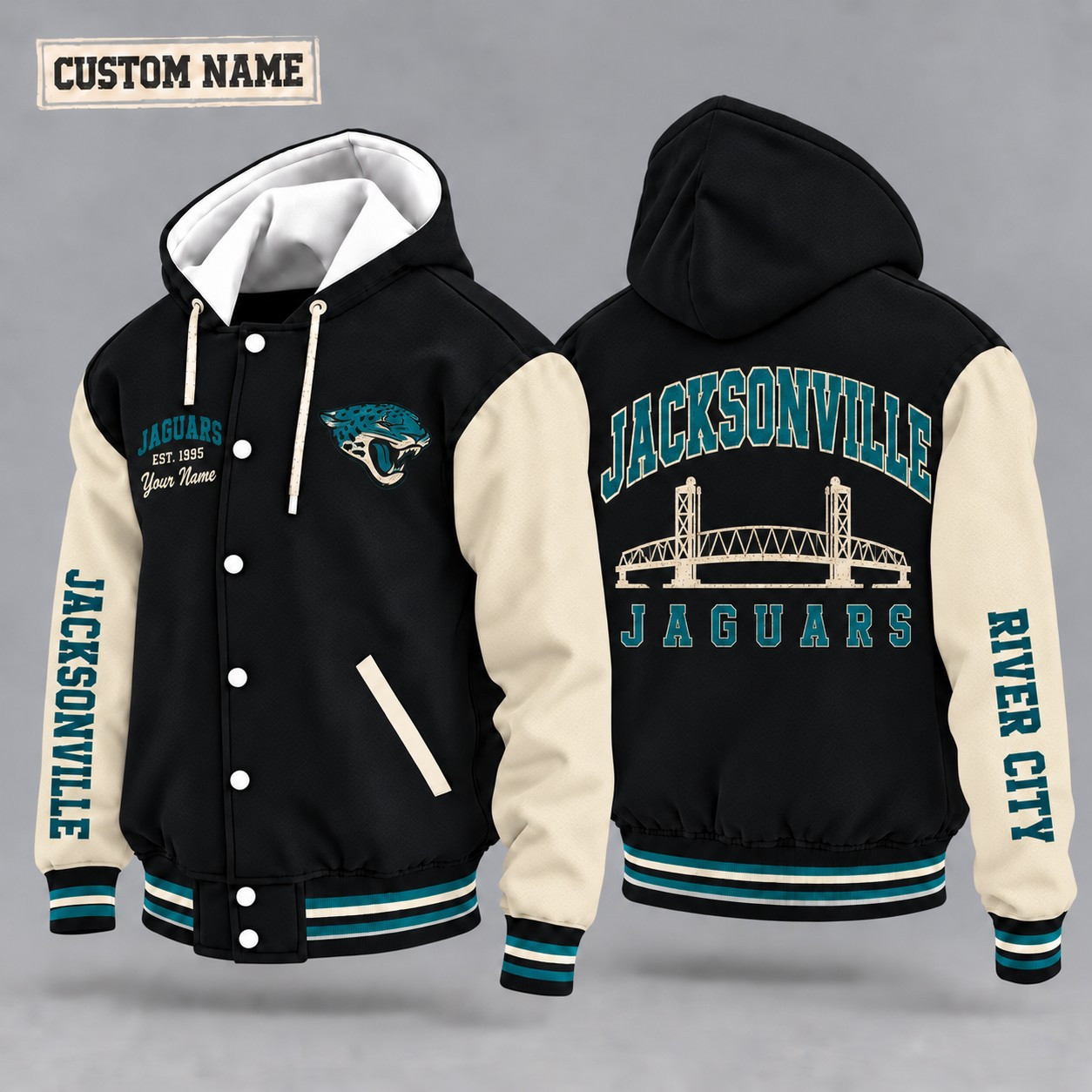 Jacksonville Jaguars City Heritage Throwback Hooded Letterman Jacket Custom Name P7DYKT