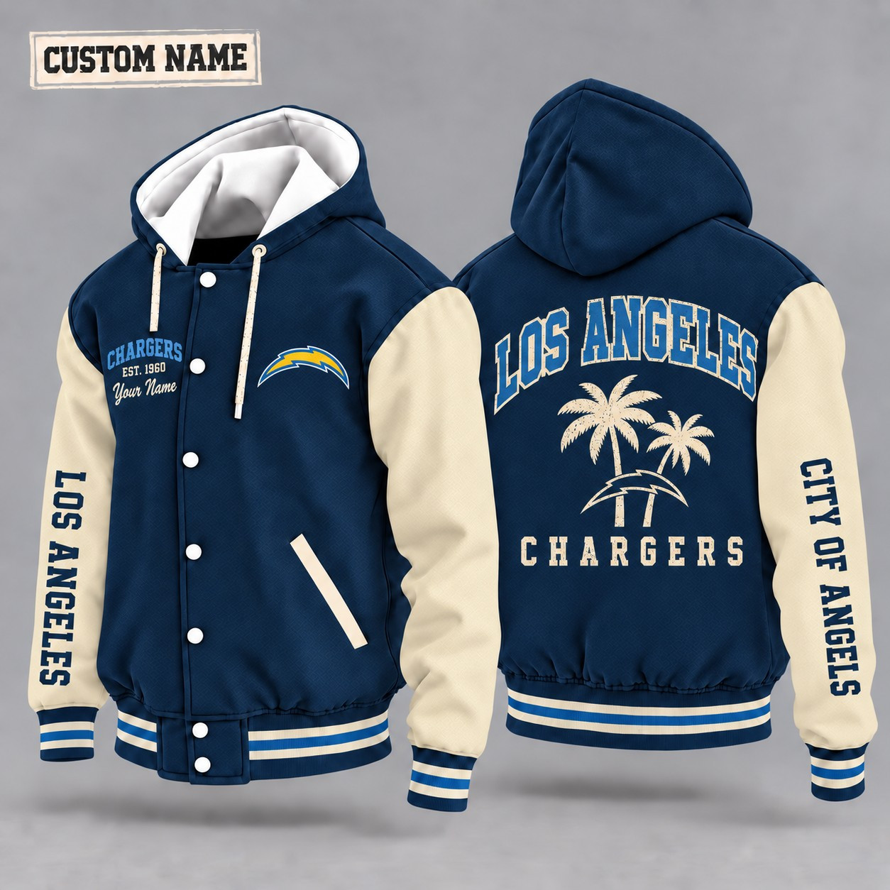 Los Angeles Chargers City Heritage Throwback Hooded Letterman Jacket Custom Name PBIMR5