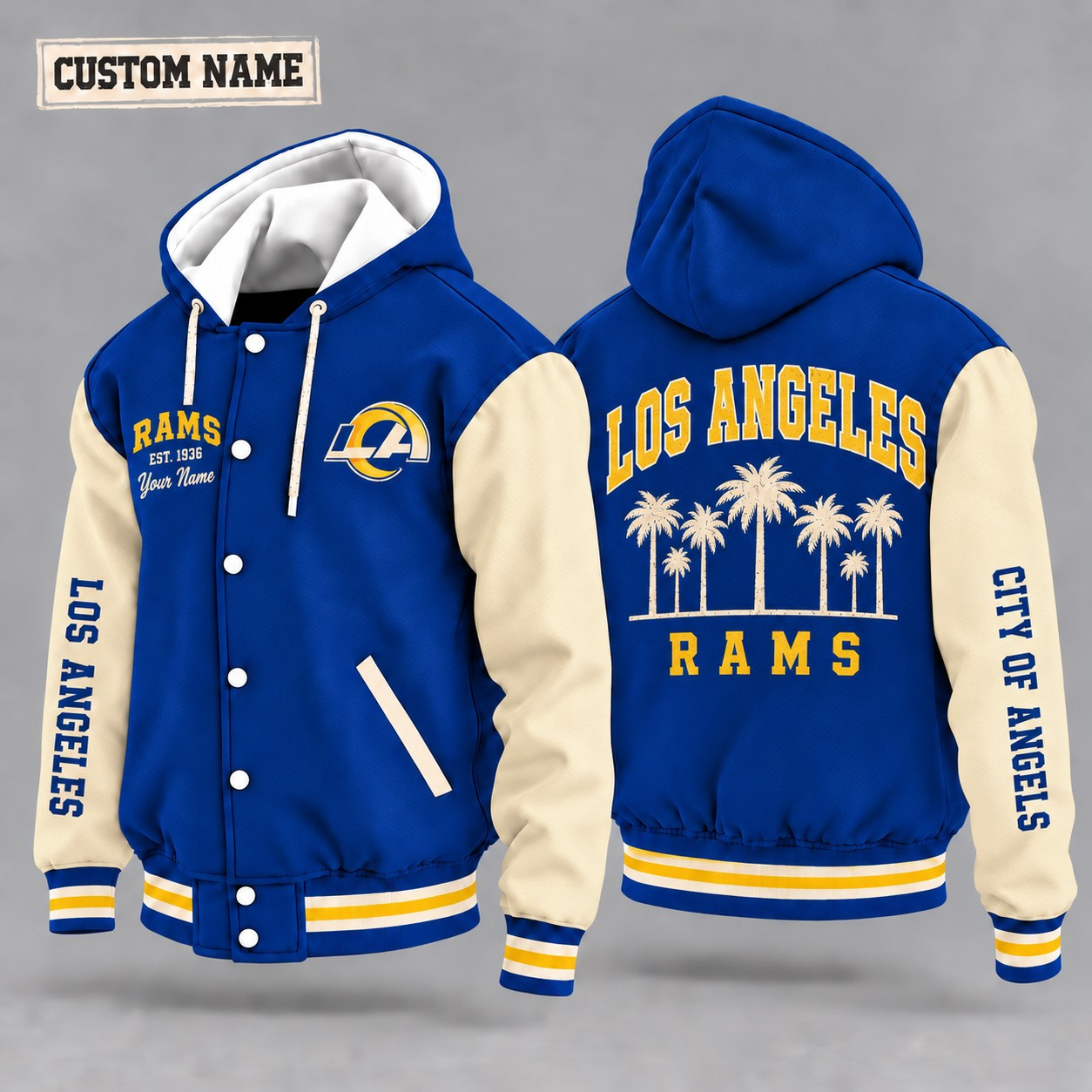 Los Angeles Rams City Heritage Throwback Hooded Letterman Jacket Custom Name PDLFXR