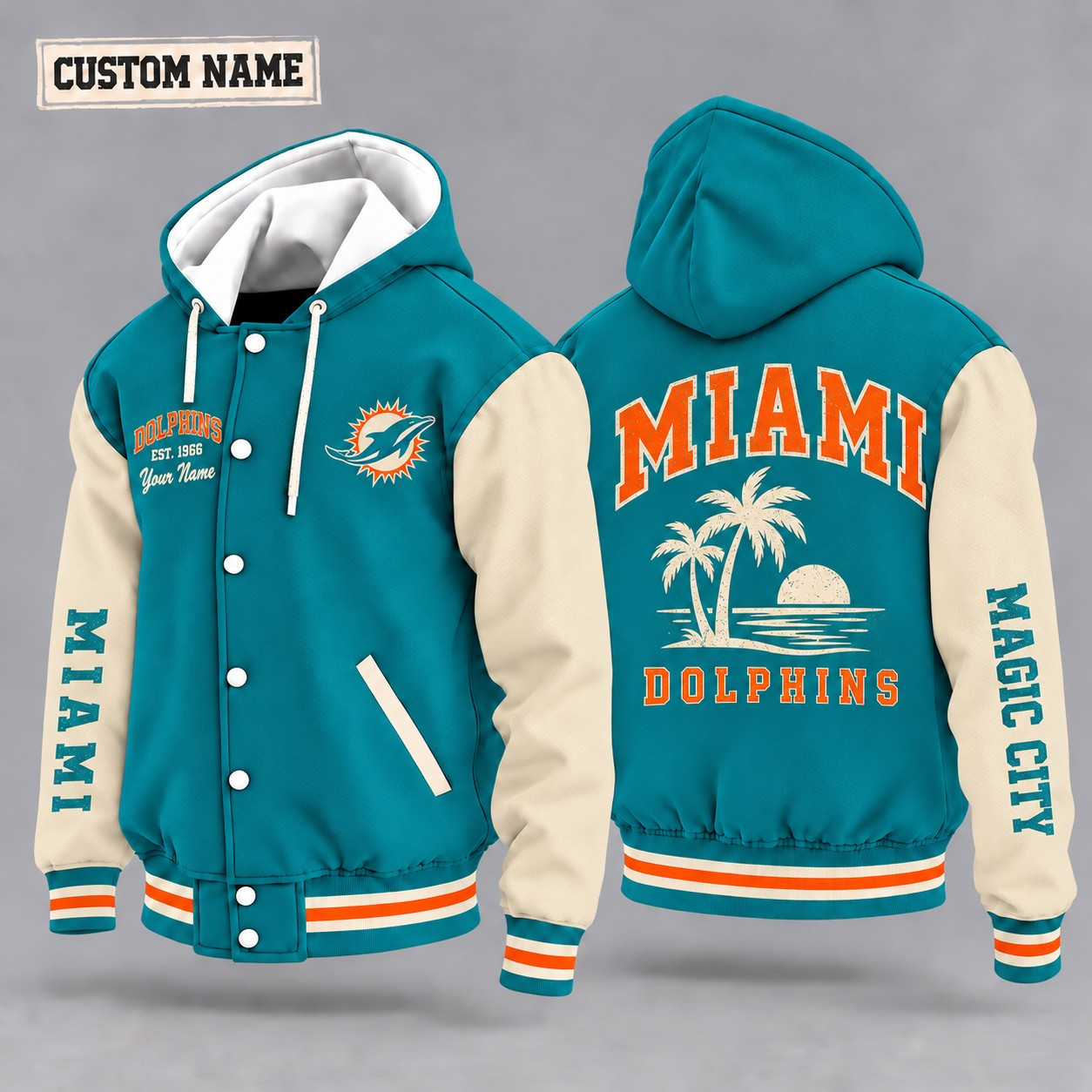 Miami Dolphins City Heritage Throwback Hooded Letterman Jacket Custom Name P86TCF