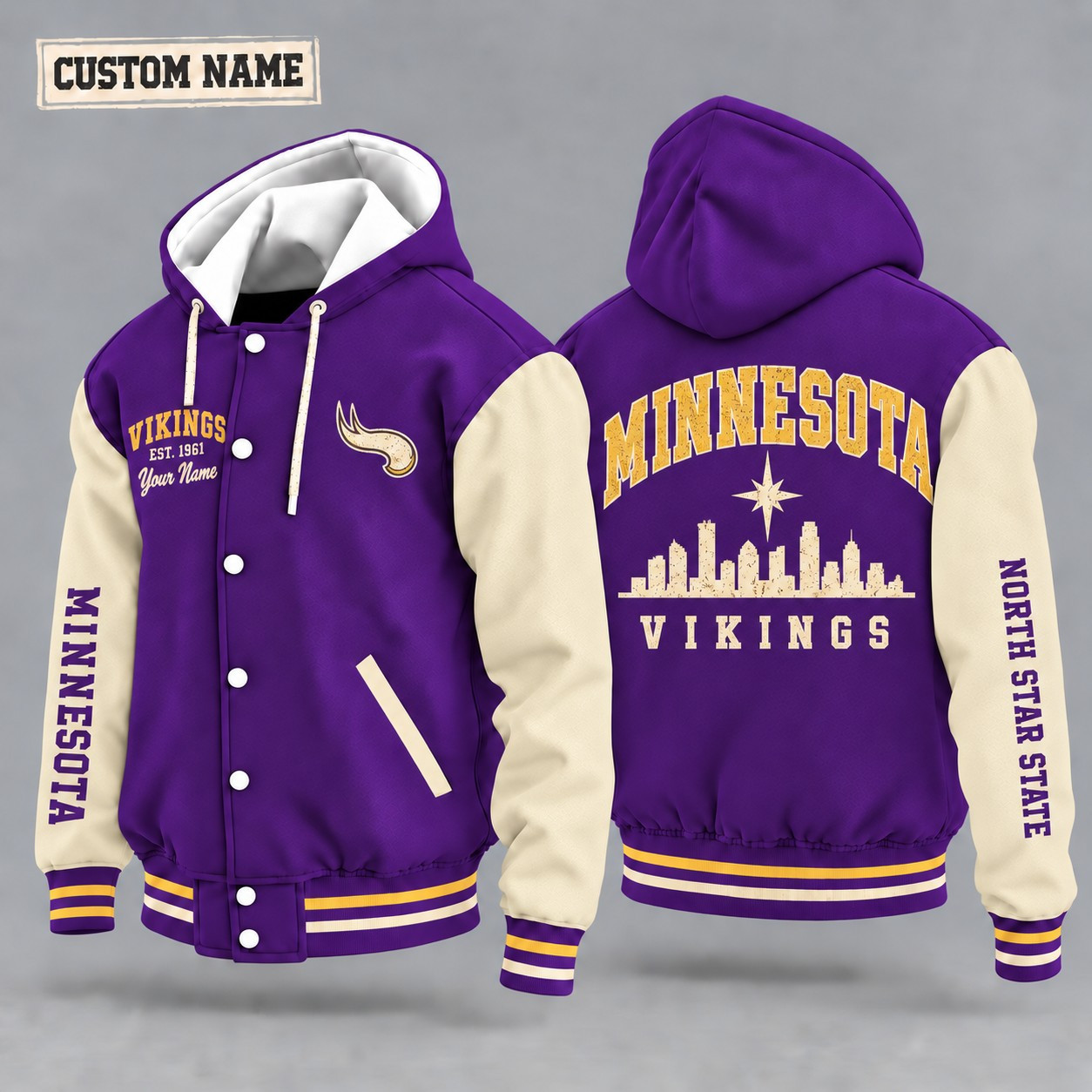 Minnesota Vikings City Heritage Throwback Hooded Letterman Jacket Custom Name PE06CS