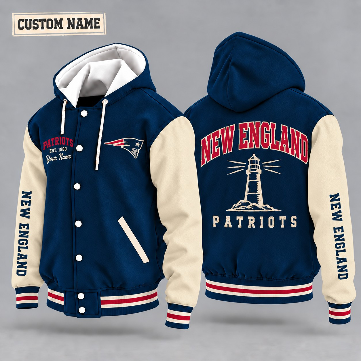 New England Patriots City Heritage Throwback Hooded Letterman Jacket Custom Name PNORME