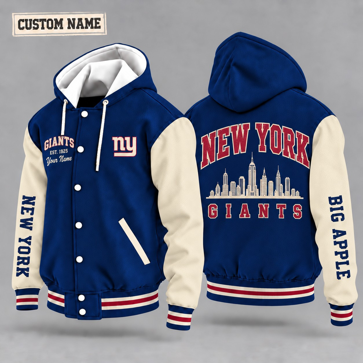 New York Giants City Heritage Throwback Hooded Letterman Jacket Custom Name PC887Z