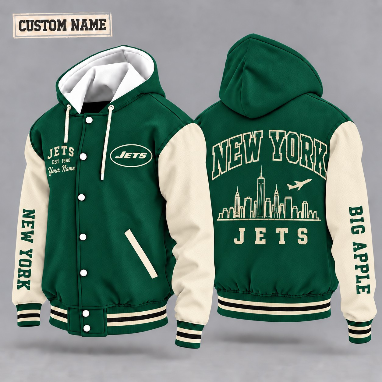New York Jets City Heritage Throwback Hooded Letterman Jacket Custom Name P799OJ