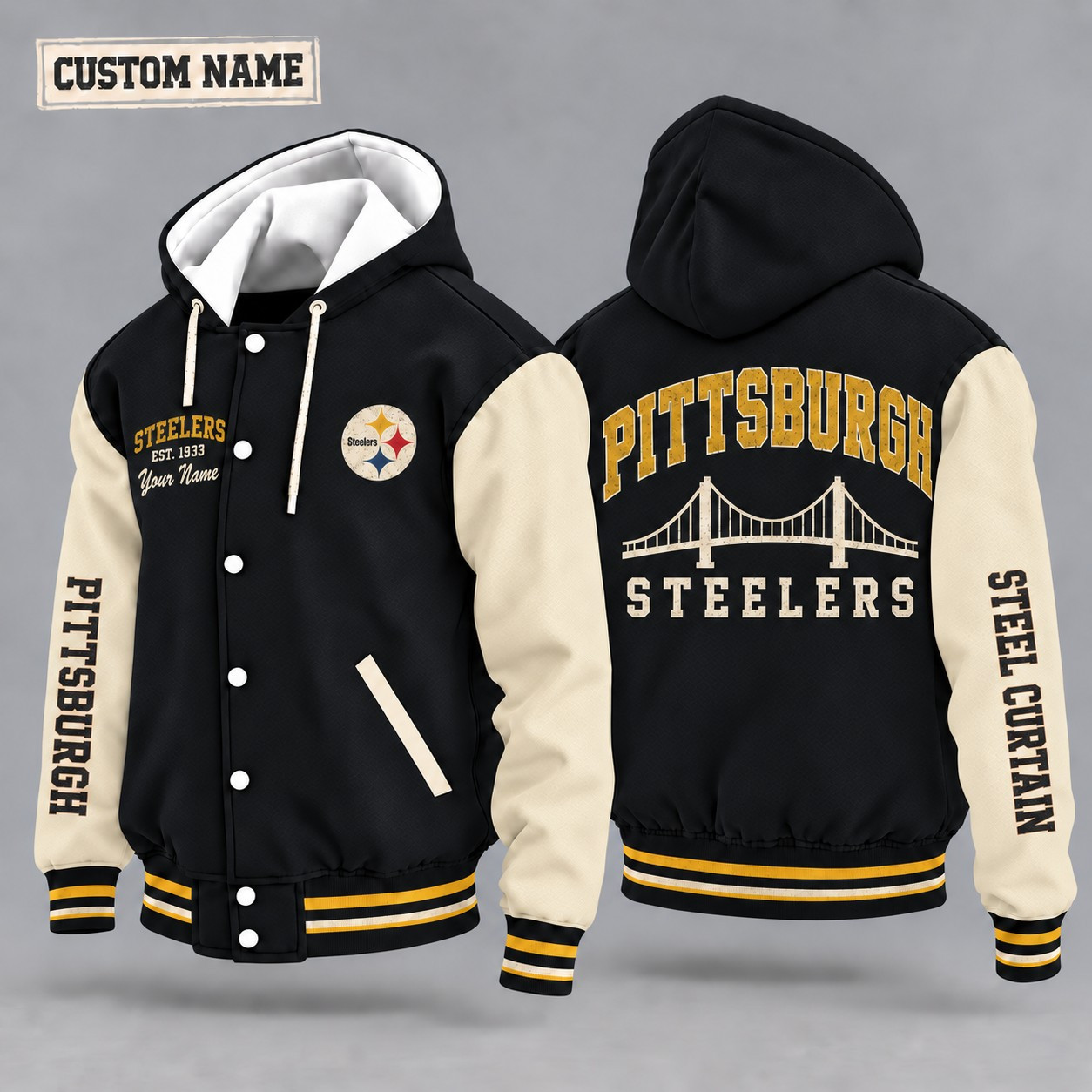 Pittsburgh Steelers City Heritage Throwback Hooded Letterman Jacket Custom Name PQ0FEO