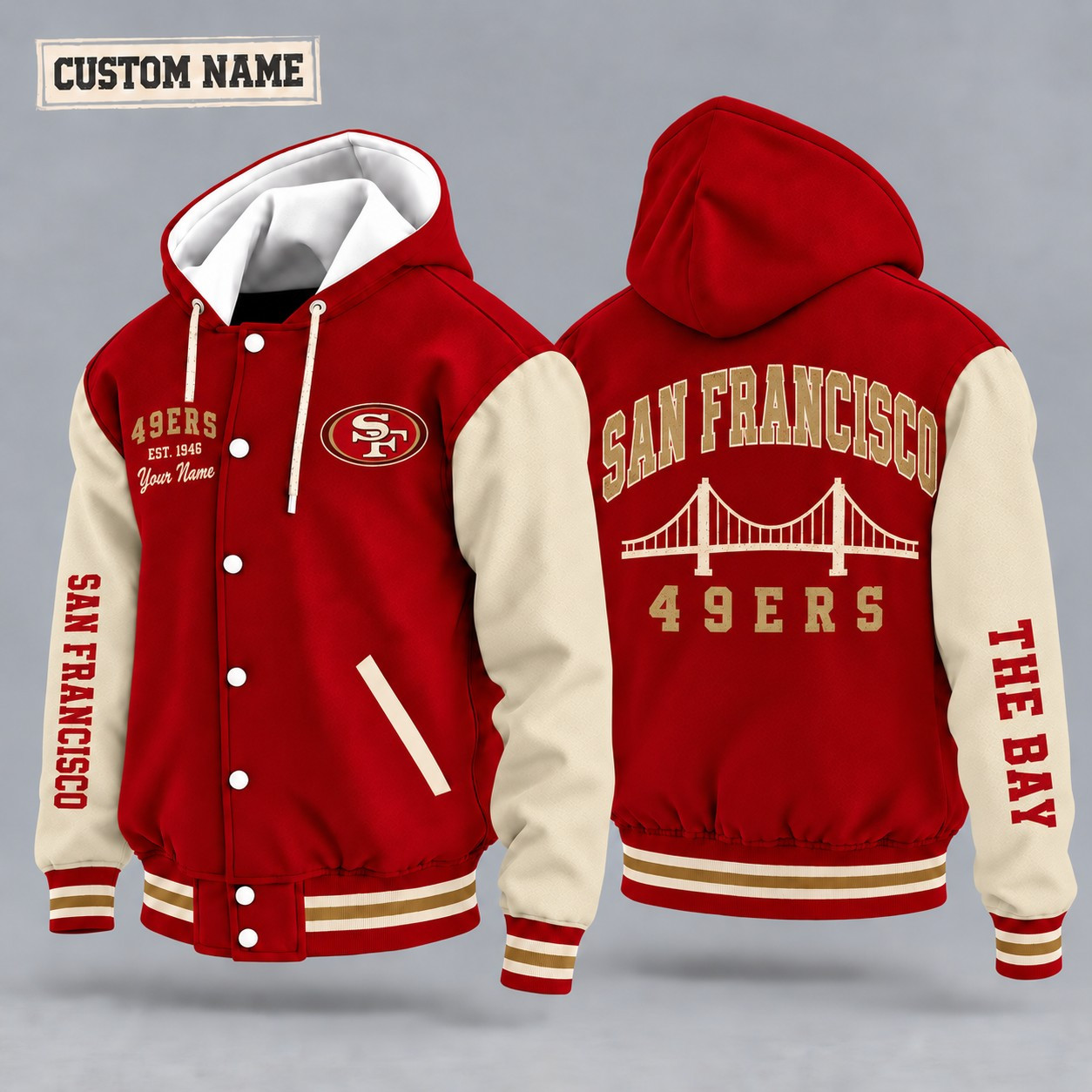 San Francisco 49ers City Heritage Throwback Hooded Letterman Jacket Custom Name PO6I5L