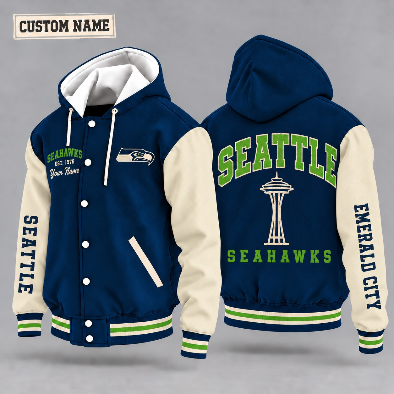 Seattle Seahawks City Heritage Throwback Hooded Letterman Jacket Custom Name PCFHUC