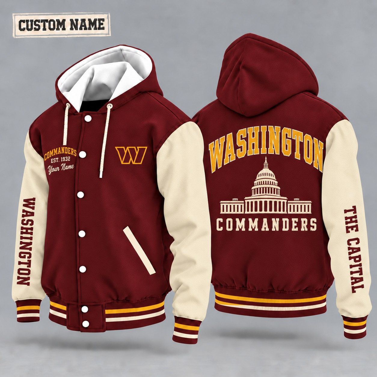 Washington Commanders City Heritage Throwback Hooded Letterman Jacket Custom Name PIRNSH