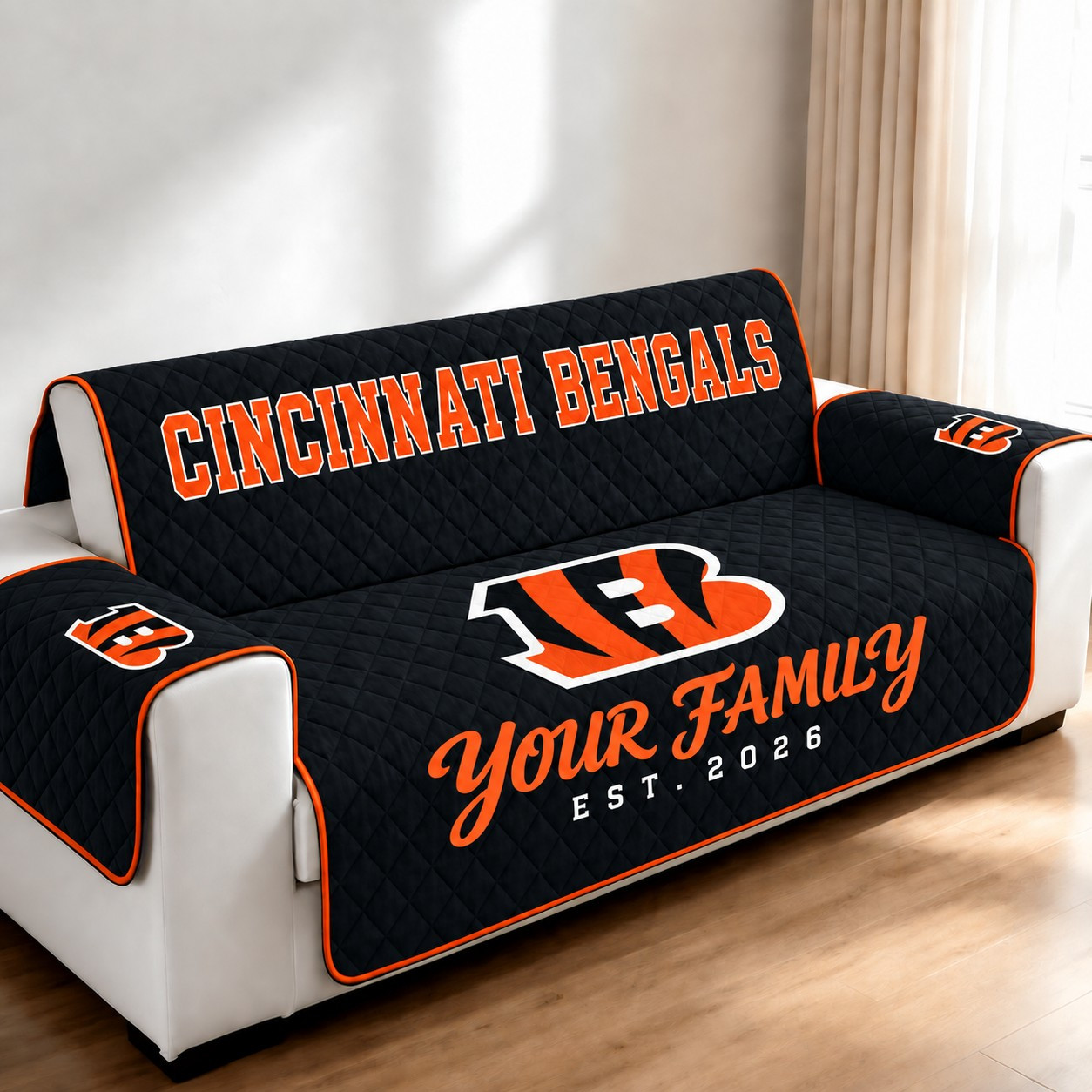 Cincinnati Bengals Personalized Diamond Quilted Sofa Cover PRM2MQ