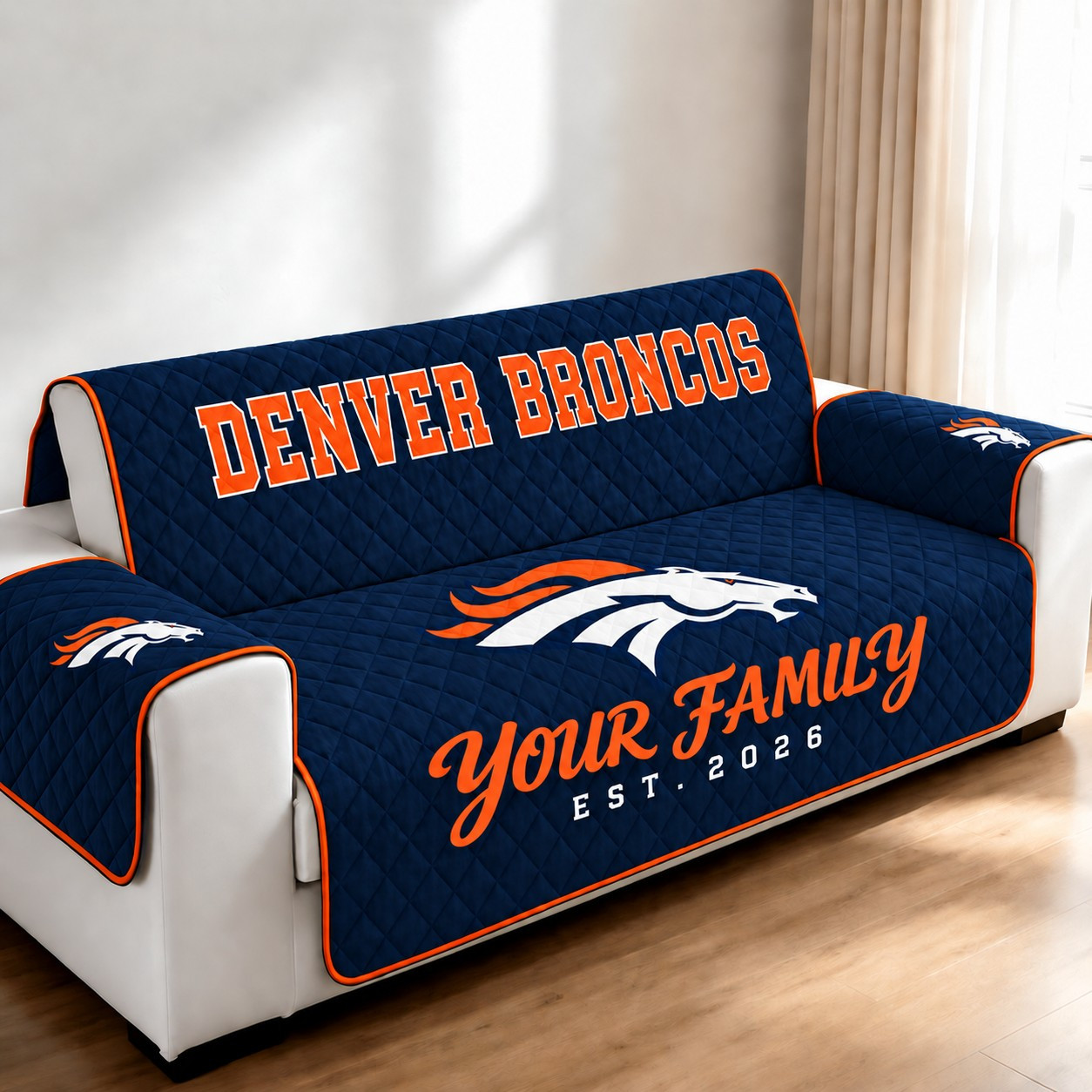 Denver Broncos Personalized Diamond Quilted Sofa Cover P47C2Y