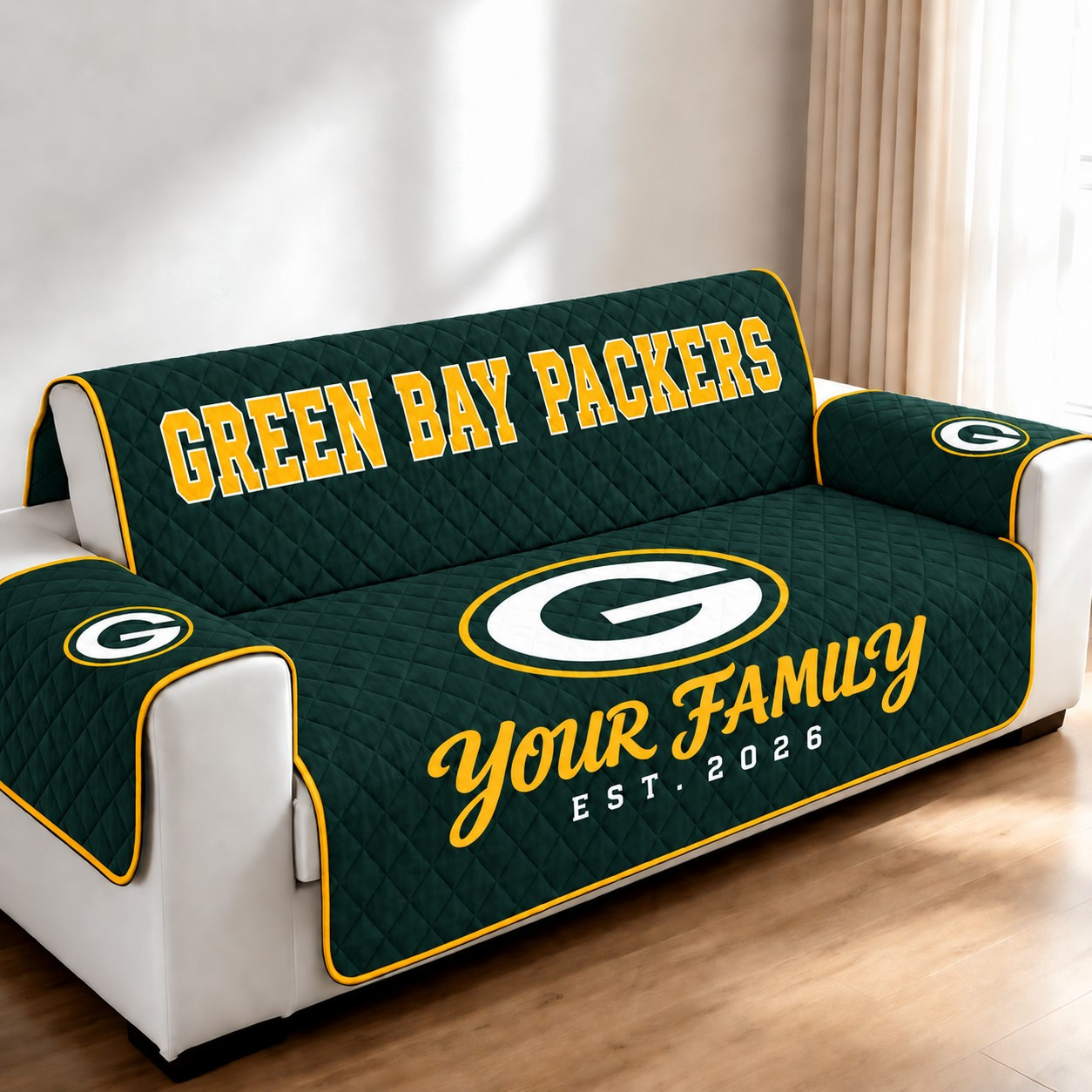 Green Bay Packers Personalized Diamond Quilted Sofa Cover PH4QRY