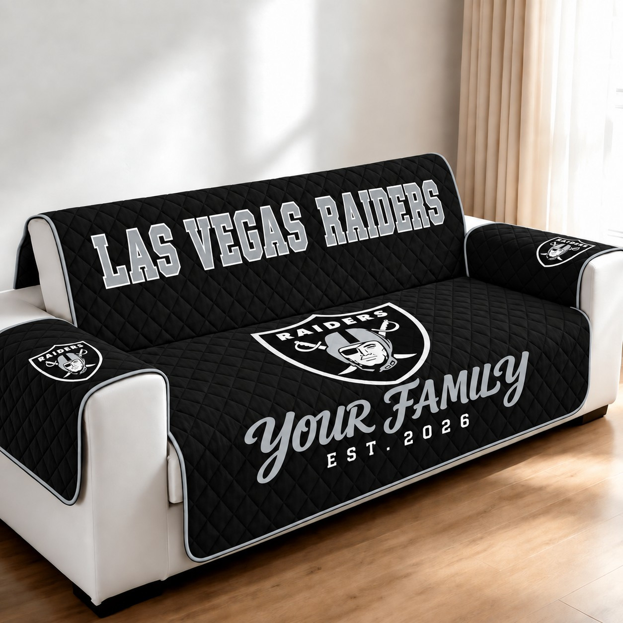 Las Vegas Raiders Personalized Diamond Quilted Sofa Cover P4M201