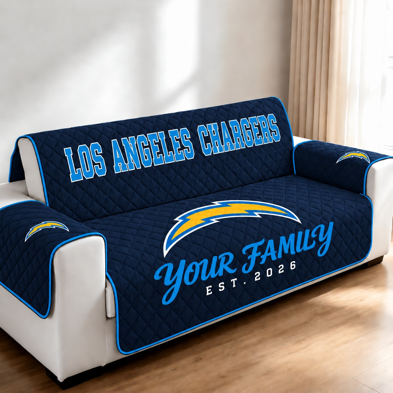 Los Angeles Chargers Personalized Diamond Quilted Sofa Cover PVRCFT