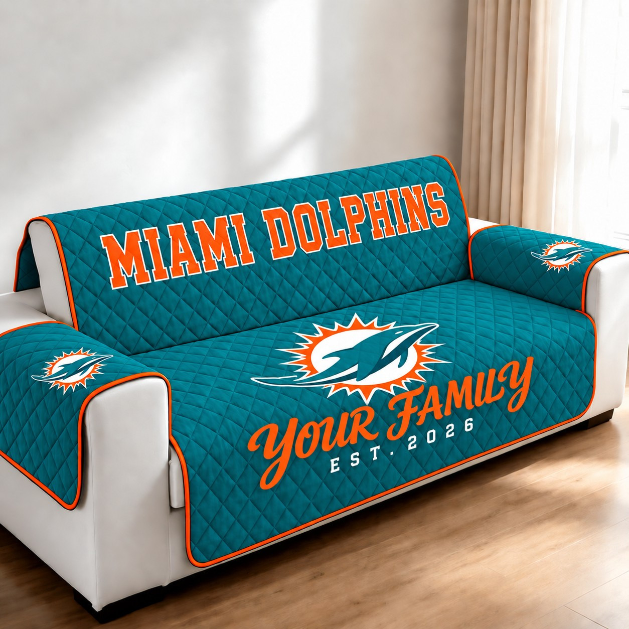 Miami Dolphins Personalized Diamond Quilted Sofa Cover PML7AE