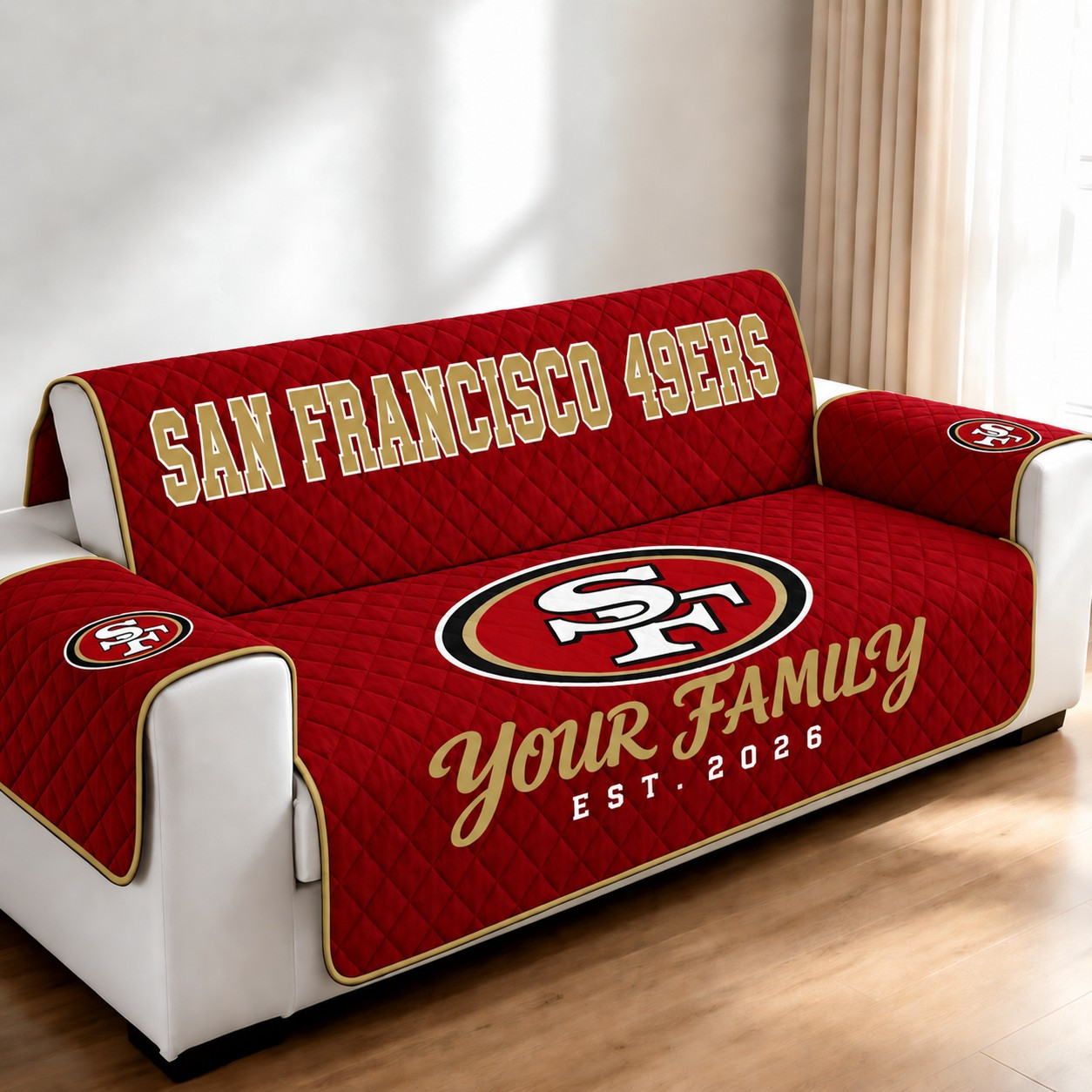San Francisco 49ers Personalized Diamond Quilted Sofa Cover PNB0CX