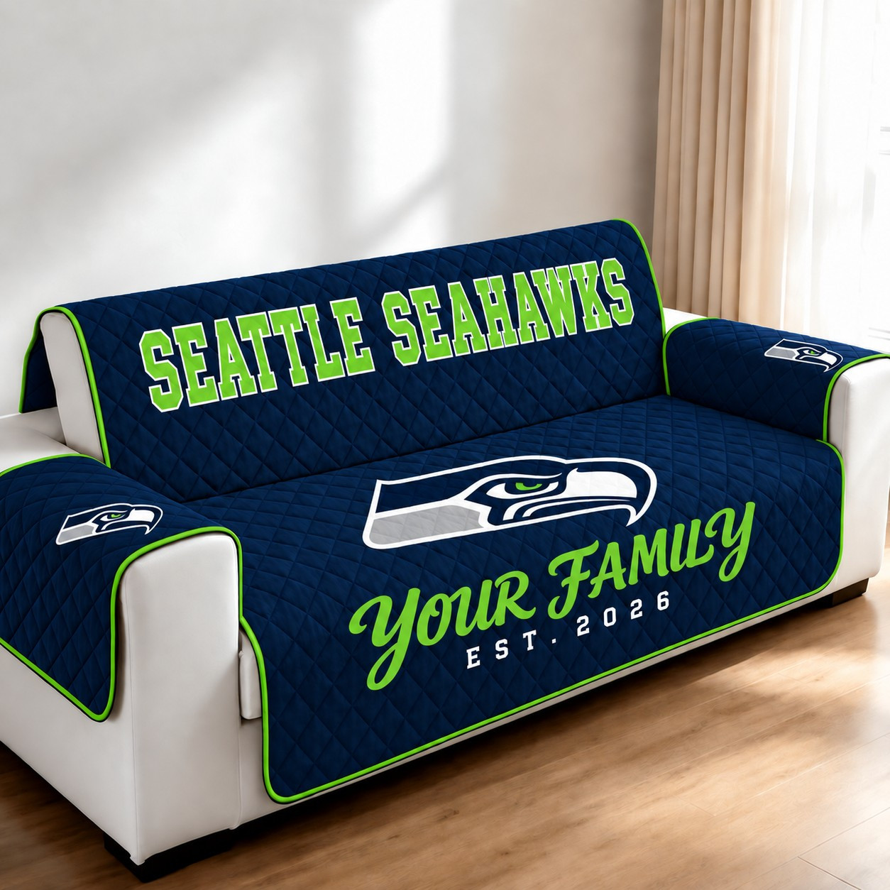 Seattle Seahawks Personalized Diamond Quilted Sofa Cover PL074H