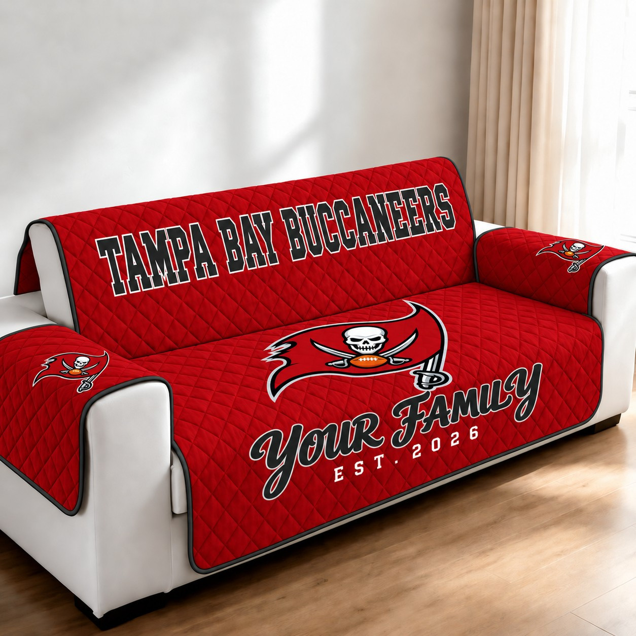 Tampa Bay Buccaneers Personalized Diamond Quilted Sofa Cover PXTYMX