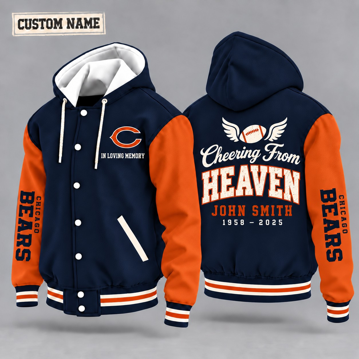 Chicago Bears Cheering From Heaven Memorial Hooded Letterman Jacket – In Loving Memory Custom Name PQ2DKJ