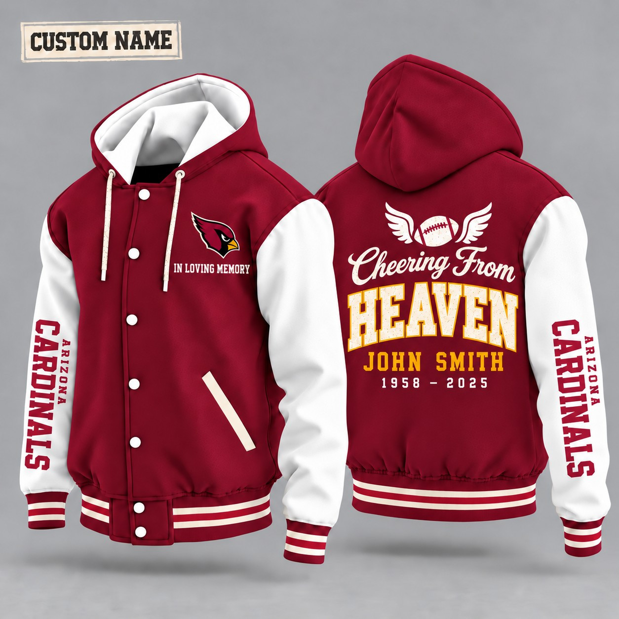 Arizona Cardinals Cheering From Heaven Memorial Hooded Letterman Jacket – In Loving Memory Custom Name PD0UAE