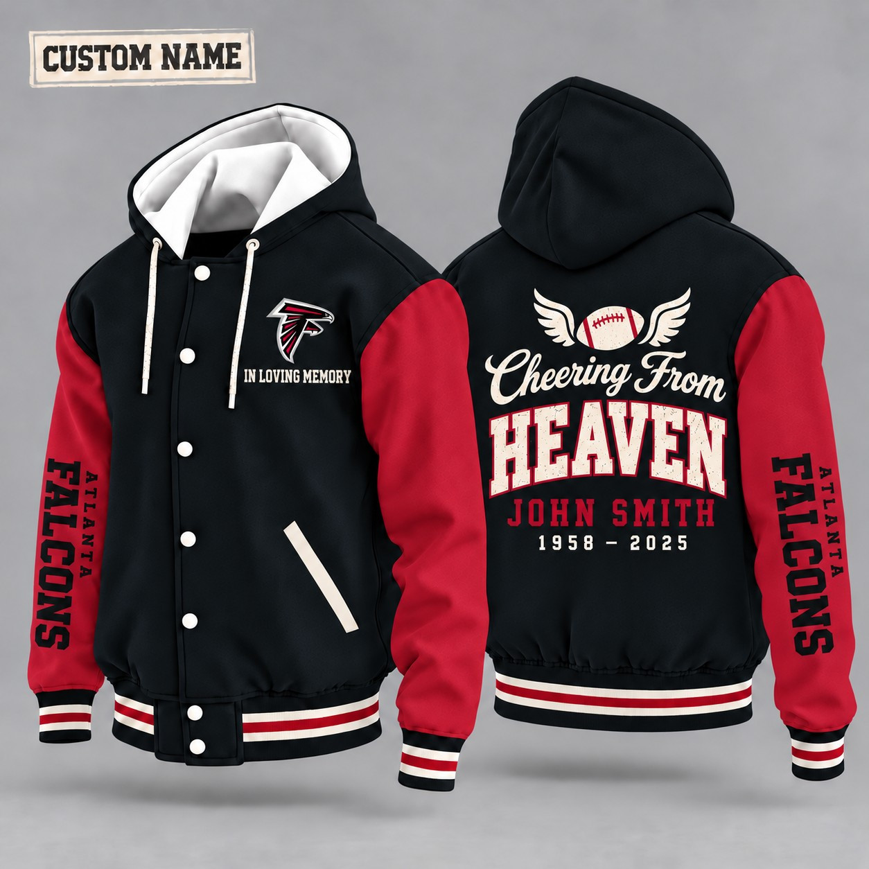Atlanta Falcons Cheering From Heaven Memorial Hooded Letterman Jacket – In Loving Memory Custom Name P45HJI