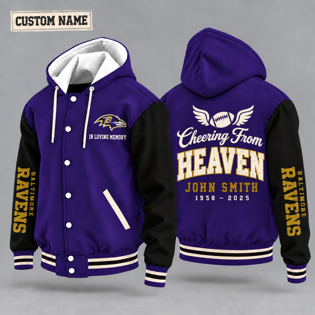Baltimore Ravens Cheering From Heaven Memorial Hooded Letterman Jacket – In Loving Memory Custom Name PYEISL
