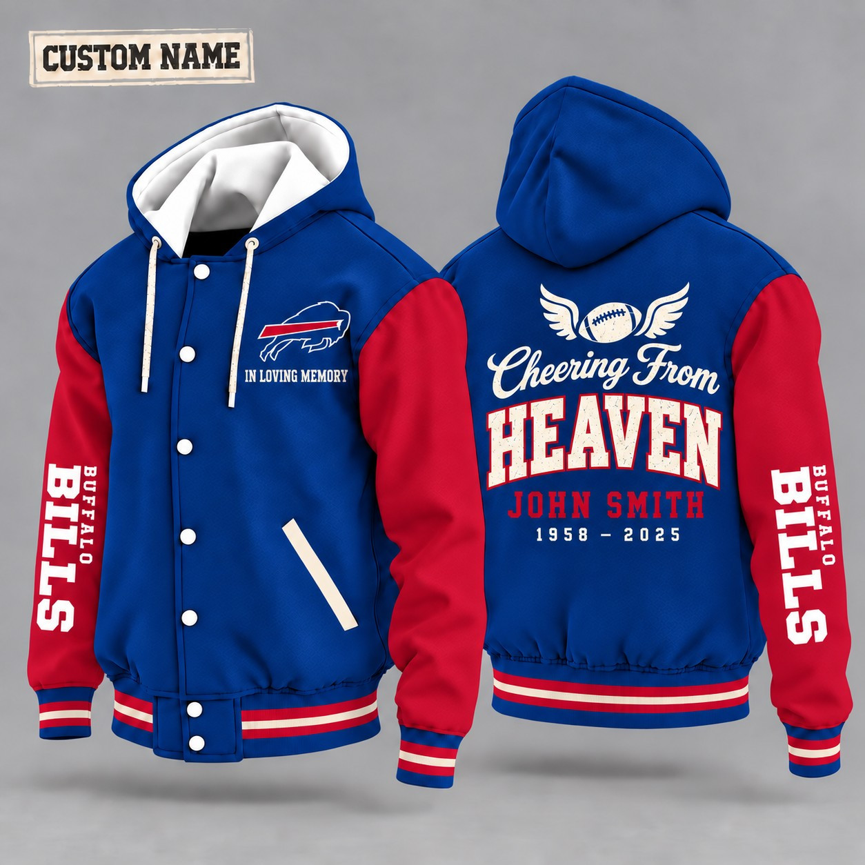 Buffalo Bills Cheering From Heaven Memorial Hooded Letterman Jacket – In Loving Memory Custom Name PY0P6C