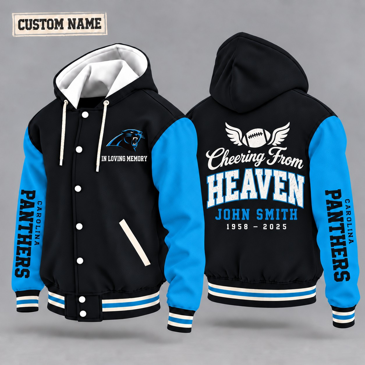 Carolina Panthers Cheering From Heaven Memorial Hooded Letterman Jacket – In Loving Memory Custom Name PG70LD