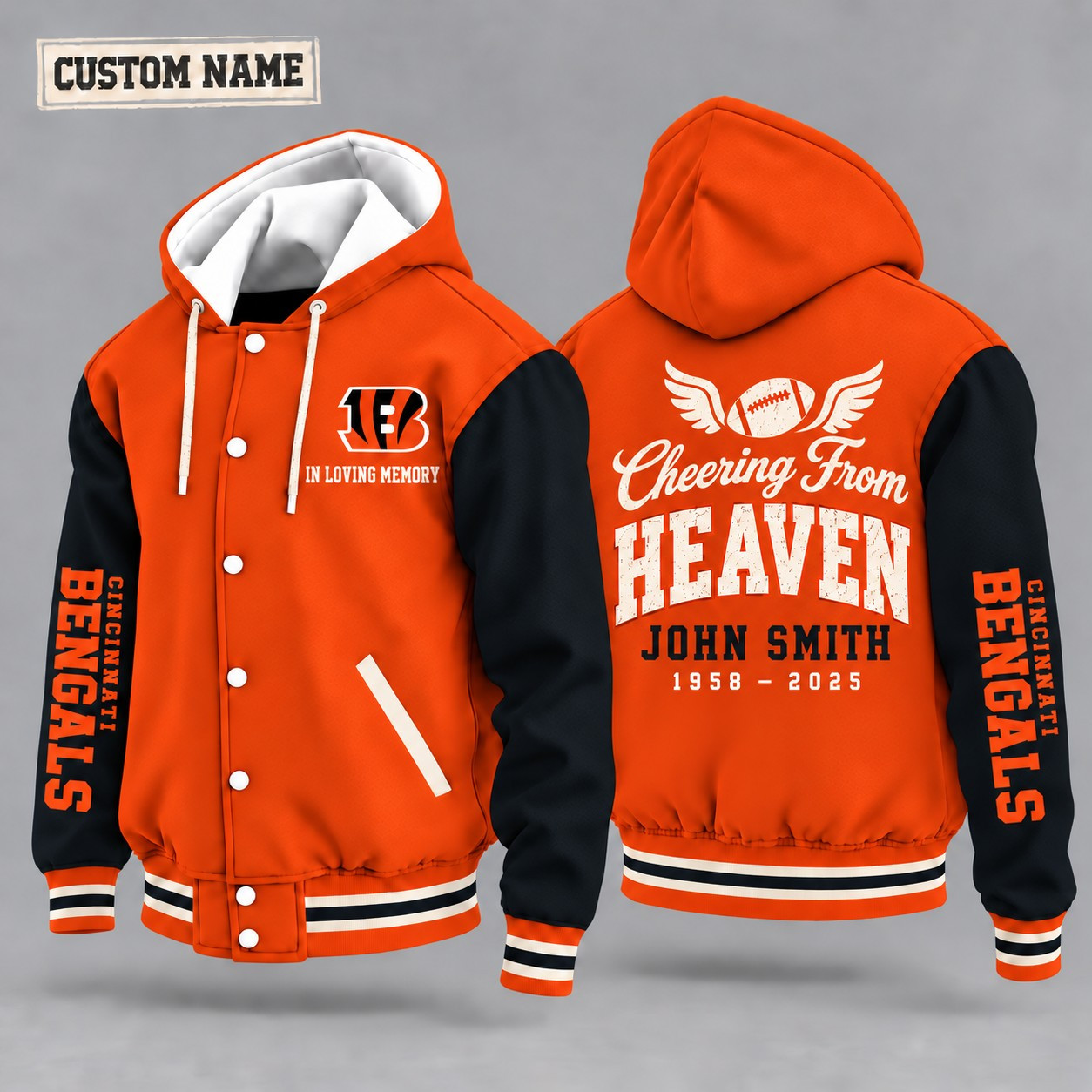 Cincinnati Bengals Cheering From Heaven Memorial Hooded Letterman Jacket – In Loving Memory Custom Name PQ1LQX